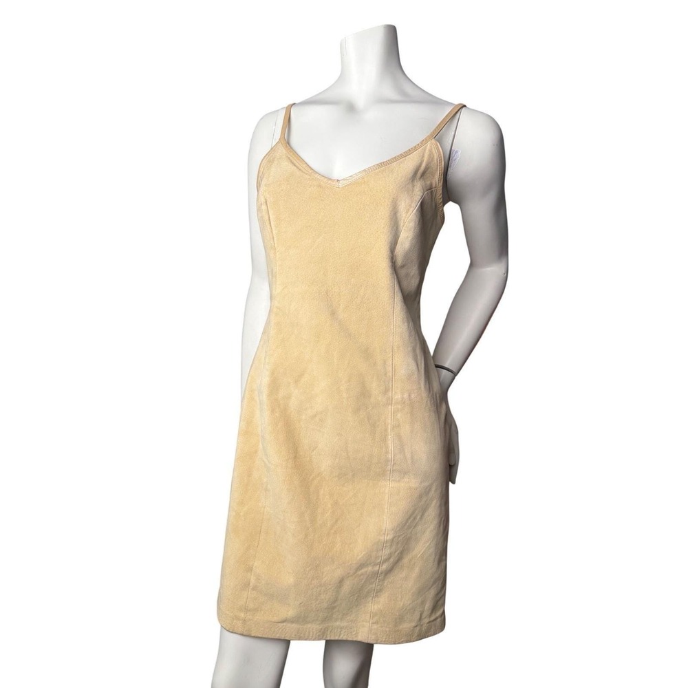Danier Suede Dress Beige Knee Length Vintage 90's Spaghetti Strap back Slit XS